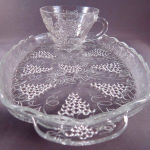 Vintage Anchor Hocking Grape Pattern Glass Cup and Plate Set